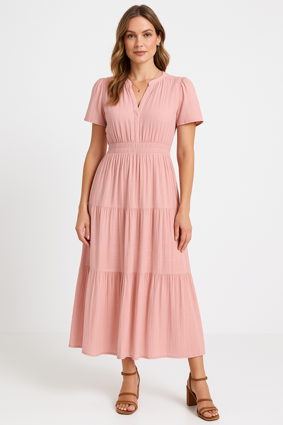 Women’s Maxi Dress – V-Neck – Puff Sleeve – Ruched Waist – Tiered A-Line Fit