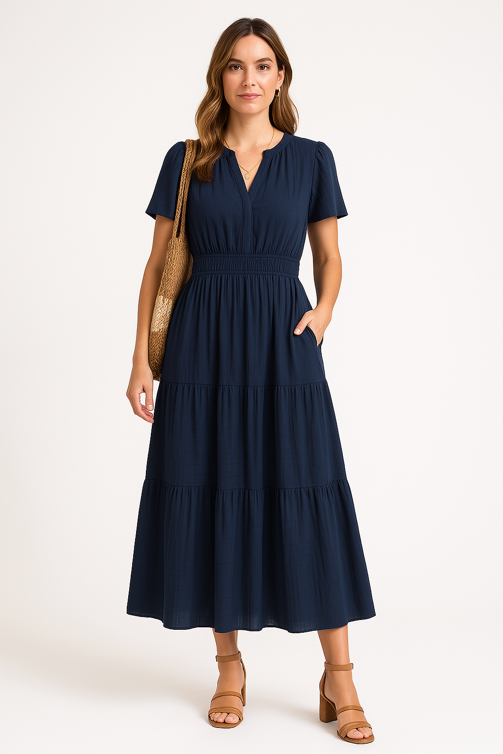 Women’s Maxi Dress – V-Neck – Puff Sleeve – Ruched Waist – Tiered A-Line Fit