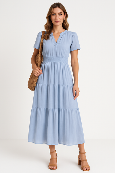 Women’s Maxi Dress – V-Neck – Puff Sleeve – Ruched Waist – Tiered A-Line Fit
