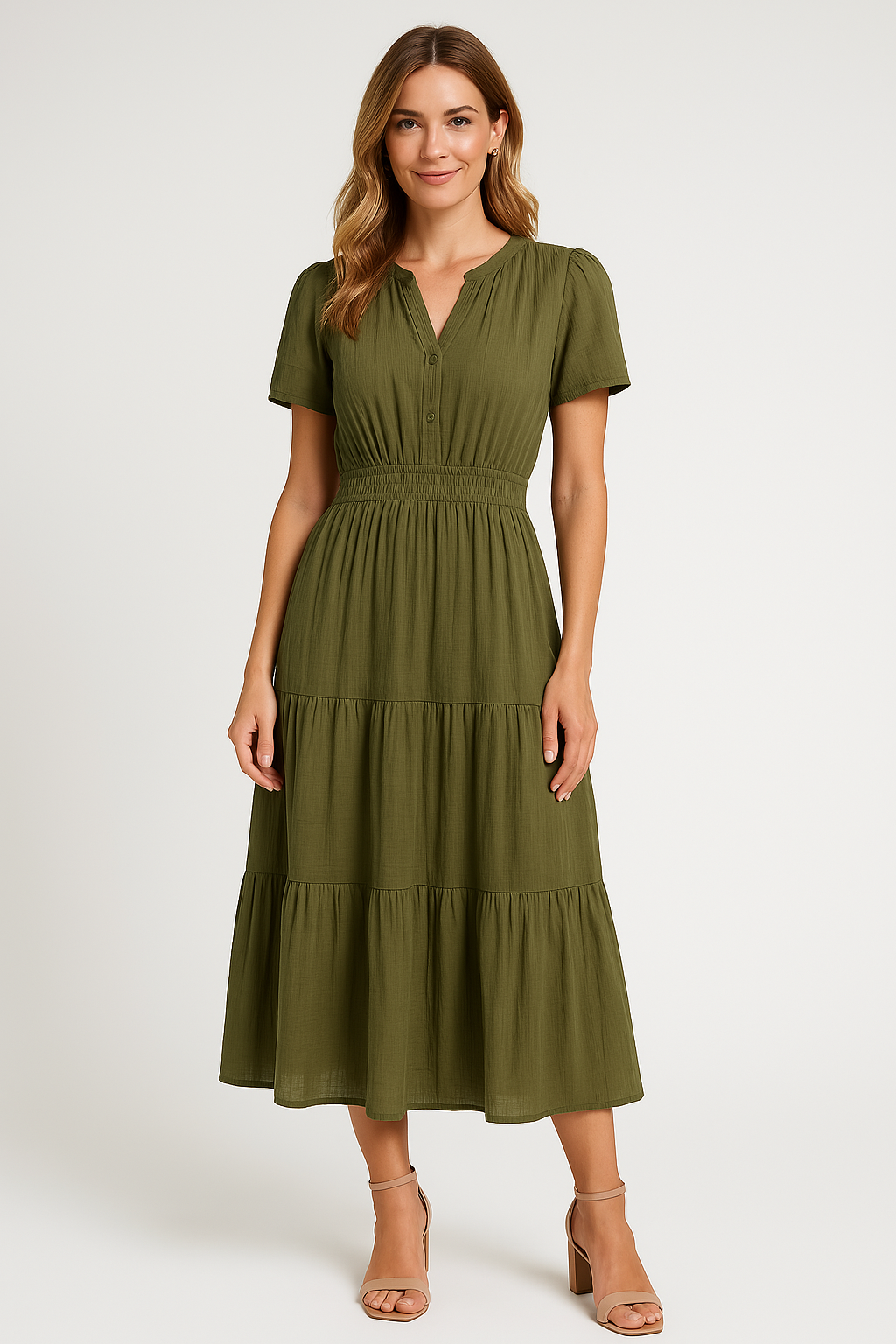 Women’s Maxi Dress – V-Neck – Puff Sleeve – Ruched Waist – Tiered A-Line Fit