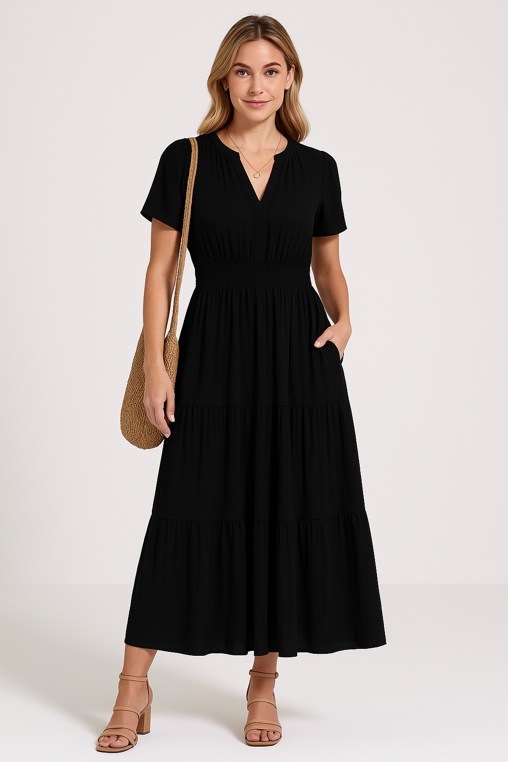 Women’s Maxi Dress – V-Neck – Puff Sleeve – Ruched Waist – Tiered A-Line Fit