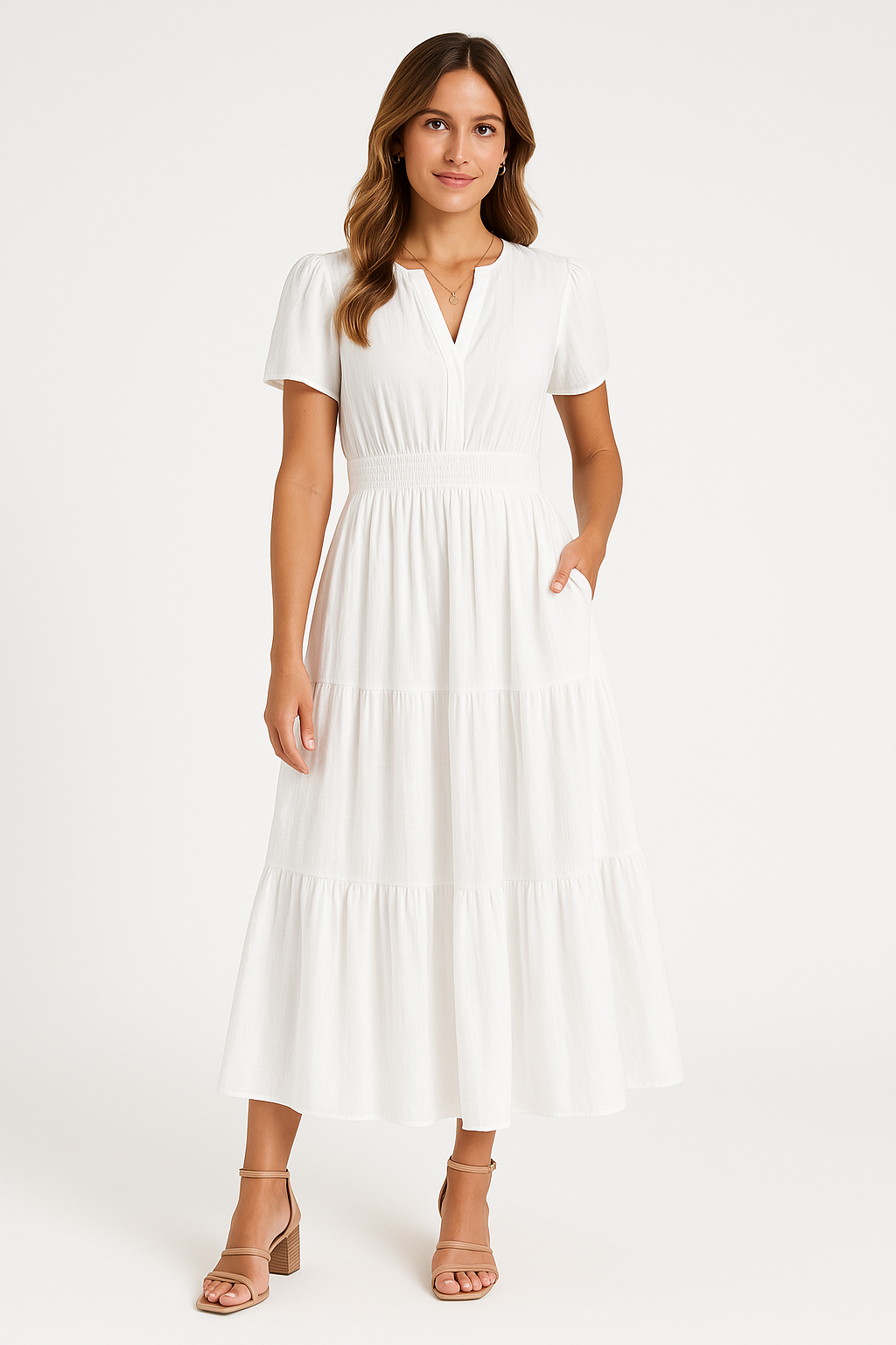 Women’s Maxi Dress – V-Neck – Puff Sleeve – Ruched Waist – Tiered A-Line Fit