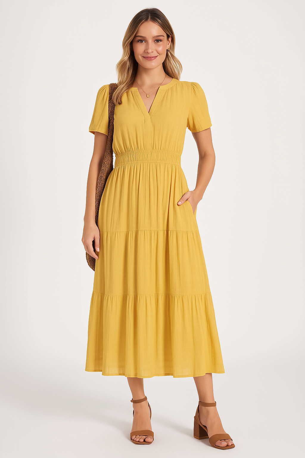 Women’s Maxi Dress – V-Neck – Puff Sleeve – Ruched Waist – Tiered A-Line Fit