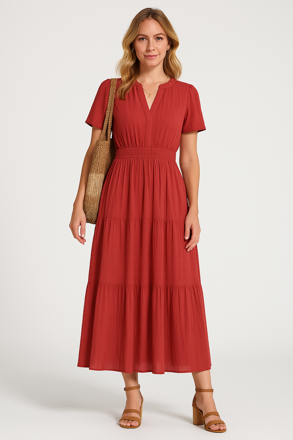 Women’s Maxi Dress – V-Neck – Puff Sleeve – Ruched Waist – Tiered A-Line Fit
