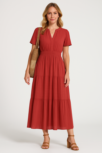 Women’s Maxi Dress – V-Neck – Puff Sleeve – Ruched Waist – Tiered A-Line Fit