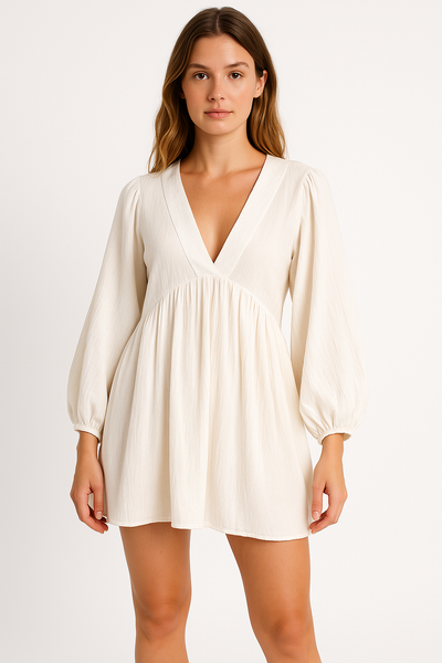 Women’s Mini Dress – Flowy Fit – Sheer Lightweight Fabric – V-Neck – Long Sleeve Casual