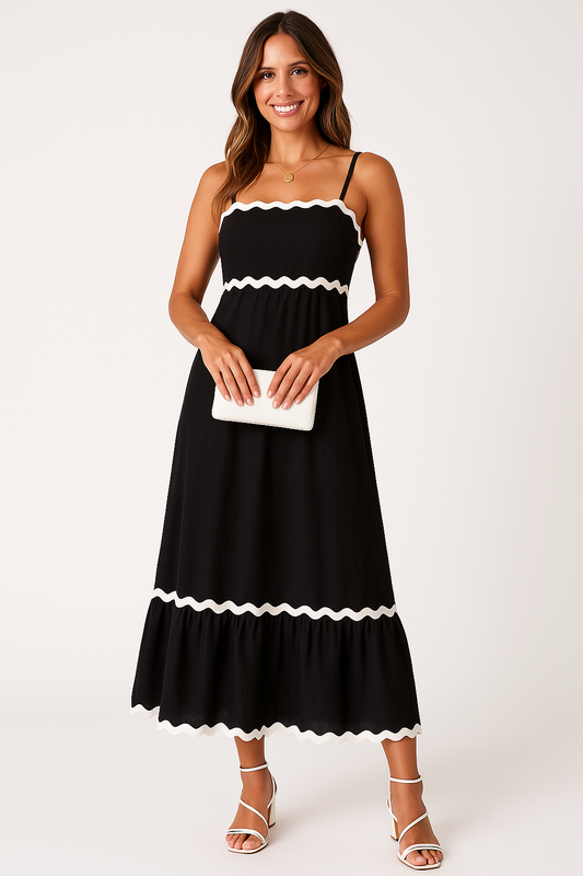 Women’s Maxi Dress – A-Line Fit – Lightweight Cotton – Spaghetti Straps – Boho Trim