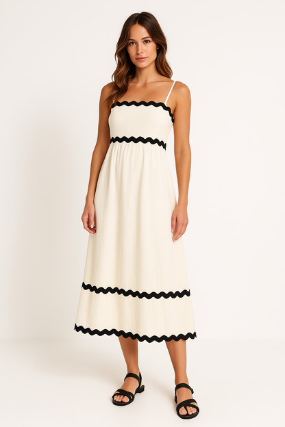 Women’s Maxi Dress – A-Line Fit – Lightweight Cotton – Spaghetti Straps – Boho Trim
