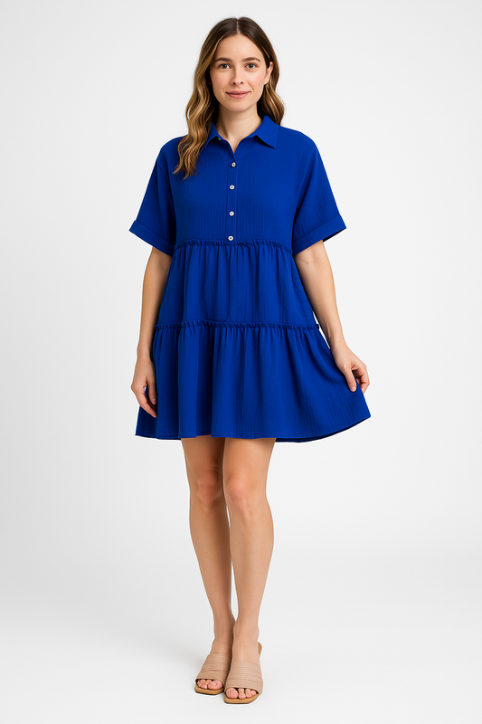Women’s Mini Dress – Cotton Linen Blend – Loose Fit – Tiered – Collared Short Sleeve