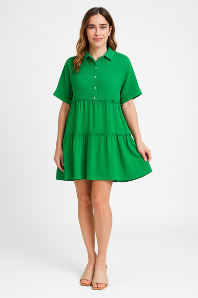 Women’s Mini Dress – Cotton Linen Blend – Loose Fit – Tiered – Collared Short Sleeve
