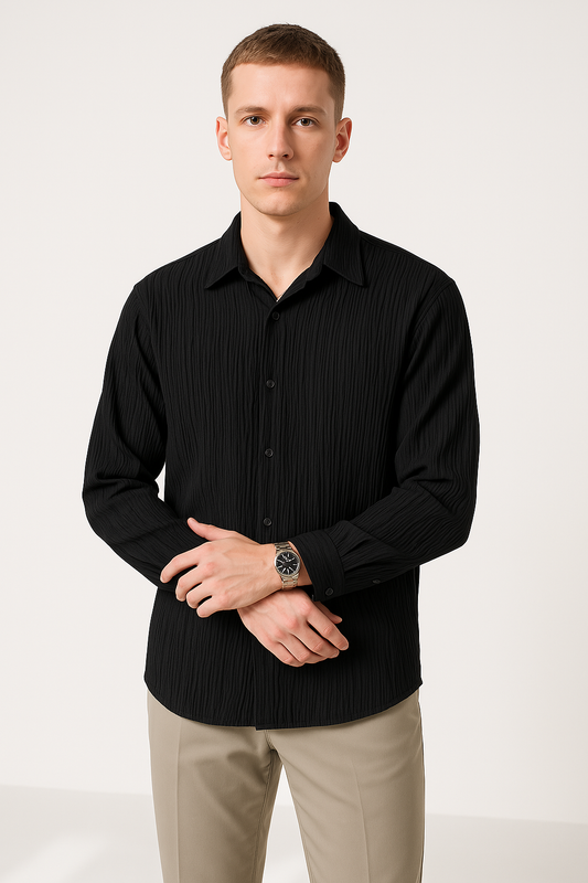 Unisex Long Sleeve Shirt – Crinkle Textured Fabric – Oversized Fit – Button Down Casual
