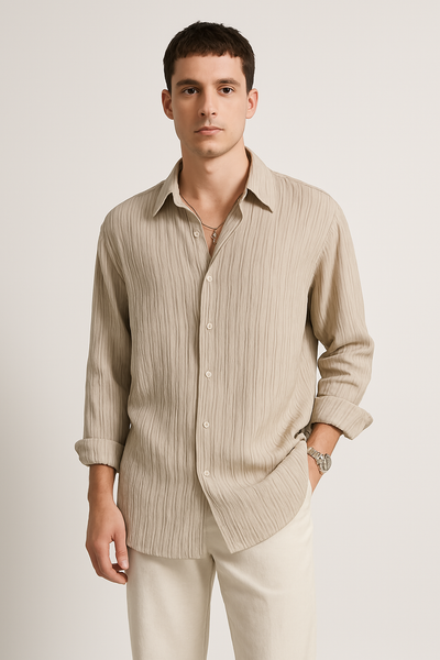Unisex Long Sleeve Shirt – Crinkle Textured Fabric – Oversized Fit – Button Down Casual