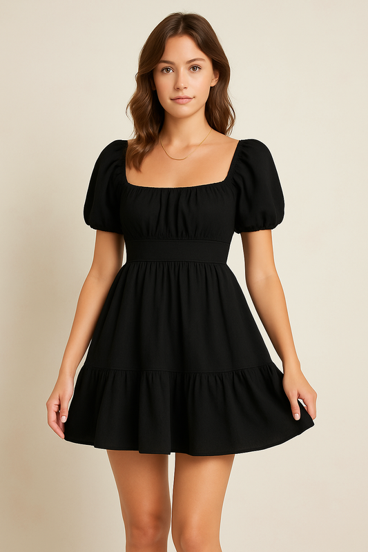 Women’s Mini Dress – Cotton Blend – Square Neck – Puff Sleeve – Flared Skirt