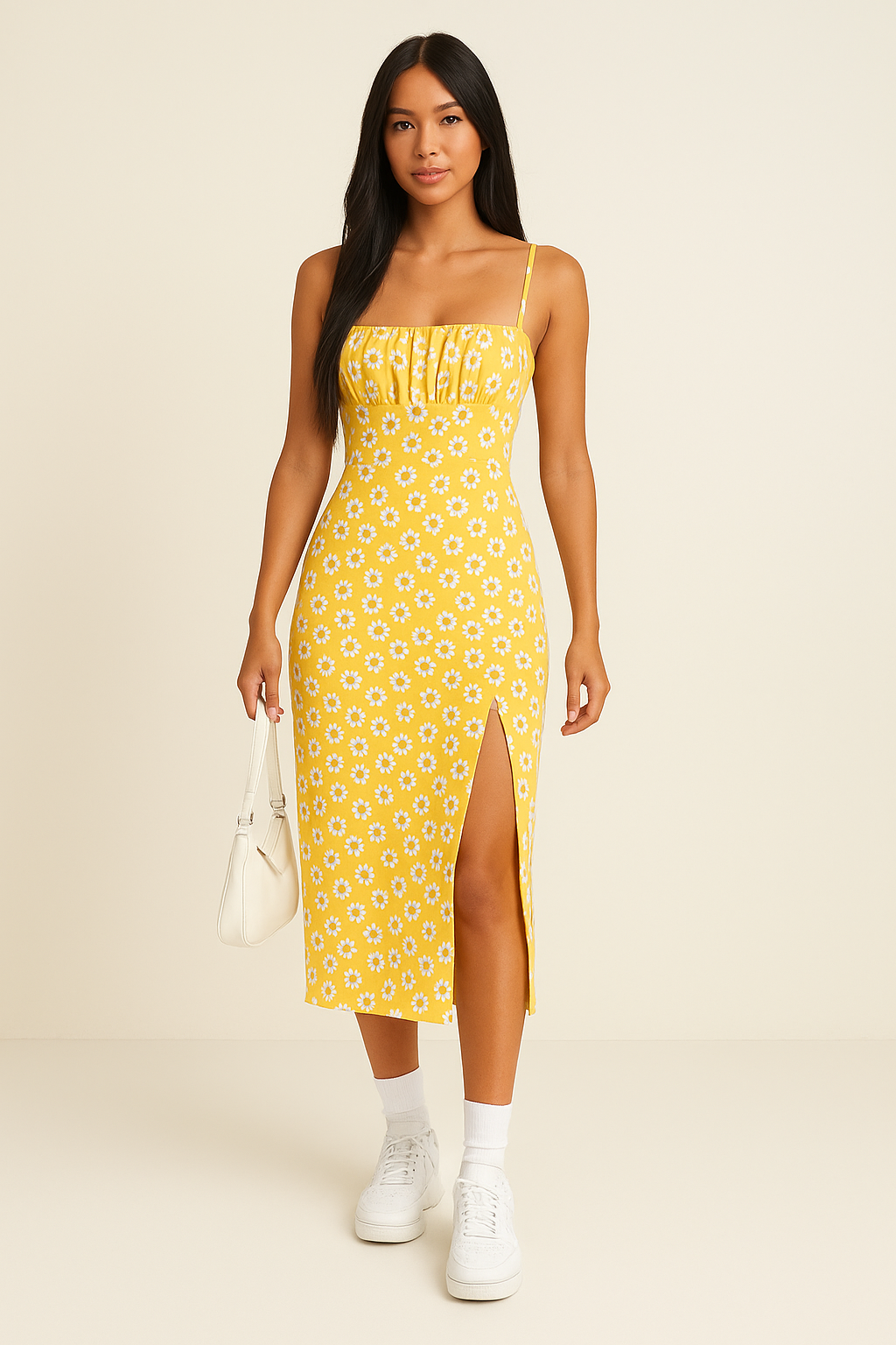 Women’s Midi Dress – Slim Fit – Spaghetti Straps – Side Slit – Floral Cotton Blend