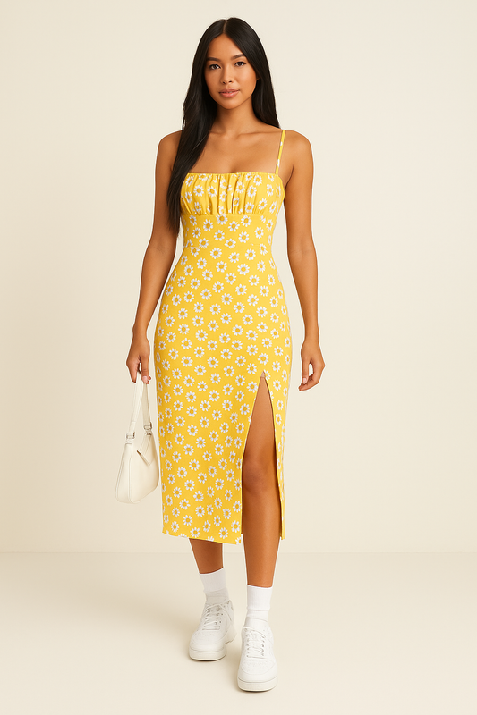 Women’s Midi Dress – Slim Fit – Spaghetti Straps – Side Slit – Floral Cotton Blend