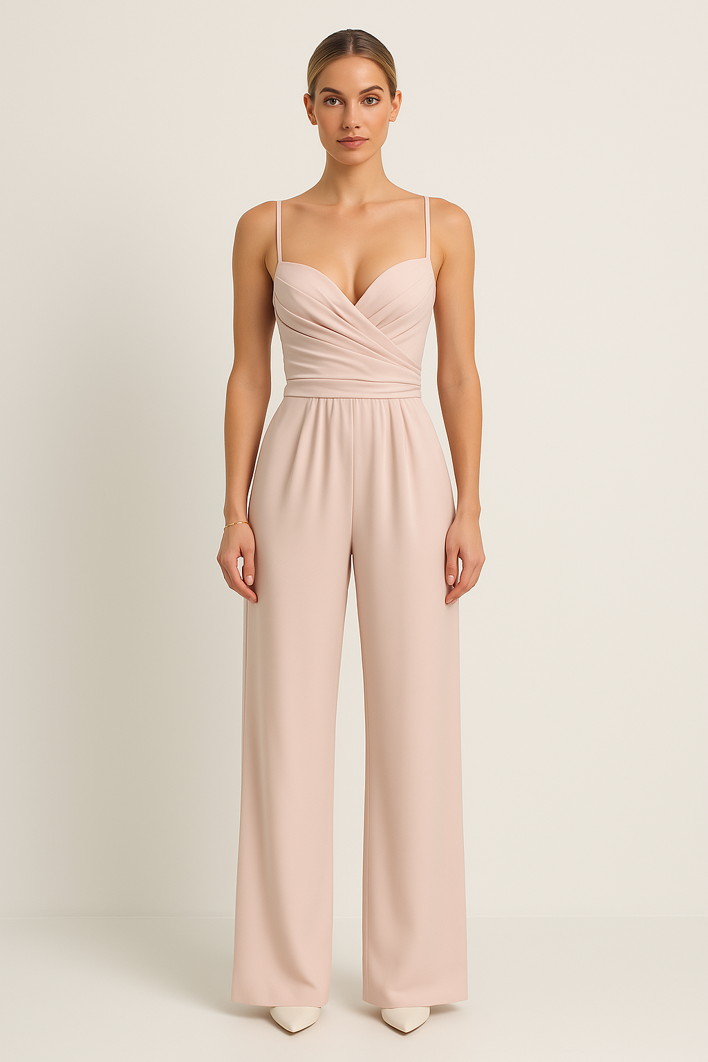 Women’s Jumpsuit – Sweetheart Neckline – Ruched Bodice – Wide Leg – Silky Finish