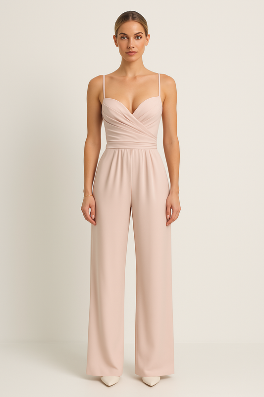 Women’s Jumpsuit – Sweetheart Neckline – Ruched Bodice – Wide Leg – Silky Finish