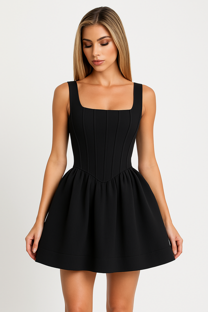 Women’s Mini Dress – Satin – Slim Fit – Square Neck – Fishbone Bodice – Sleeveless