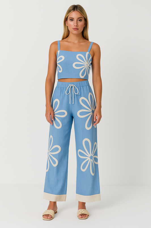 Women’s Camisole and Wide-Leg Pants Set – Floral Print – Lightweight – Relaxed Fit