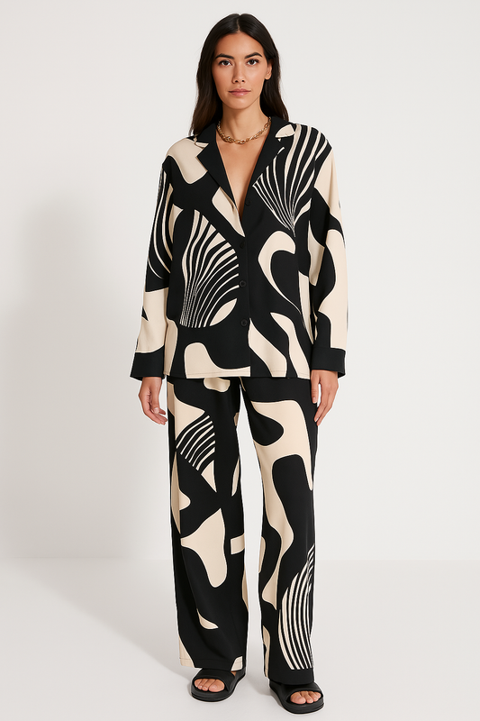 Women’s Matching Set – Long Sleeve Button-Up Top – Wide-Leg High-Waist Trousers