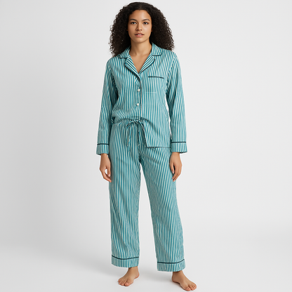 Women’s Loungewear Set – Cotton Blend – Relaxed Fit – Striped – Button Front – Drawstring Waist