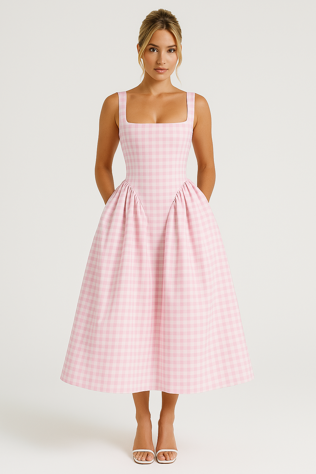 Women’s Midi Dress – Princess Silhouette – Square Neck – Checkered Pattern