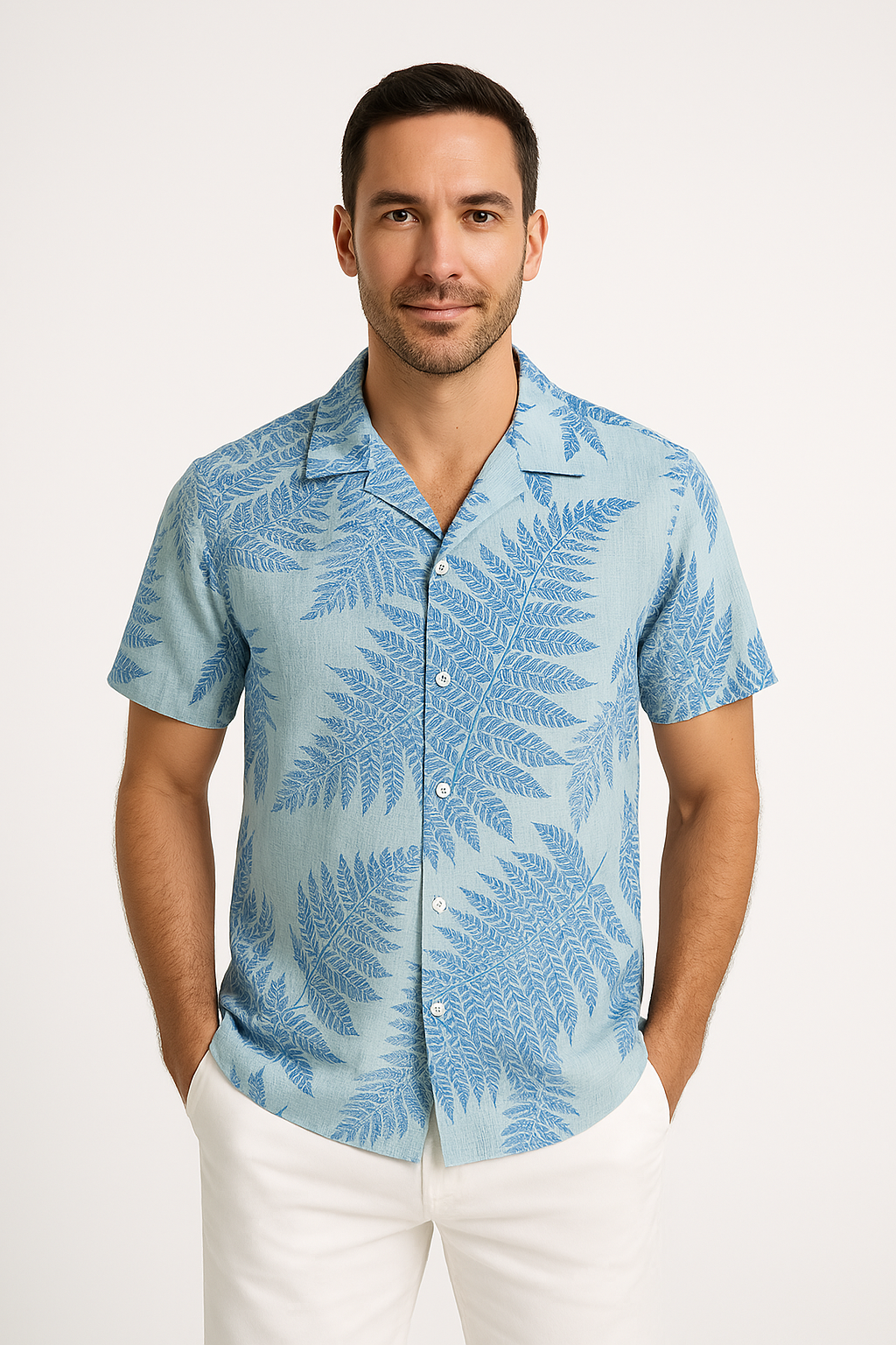 Men’s Short Sleeve Shirt – Relaxed Fit – Lightweight Breathable Cotton Blend – Leaf Print
