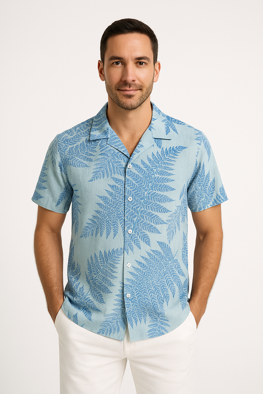 Men’s Short Sleeve Shirt – Relaxed Fit – Lightweight Breathable Cotton Blend – Leaf Print