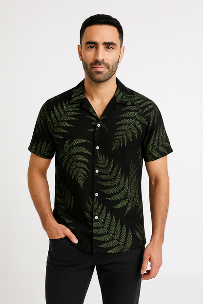 Men’s Short Sleeve Shirt – Relaxed Fit – Lightweight Breathable Cotton Blend – Leaf Print