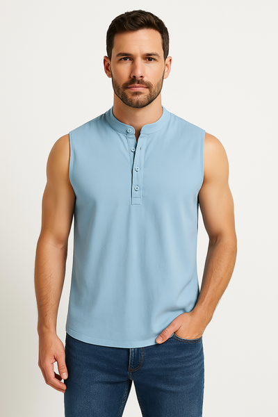 Men’s Sleeveless Vest – Cotton Blend – Relaxed Fit – Mandarin Collar – Half Button