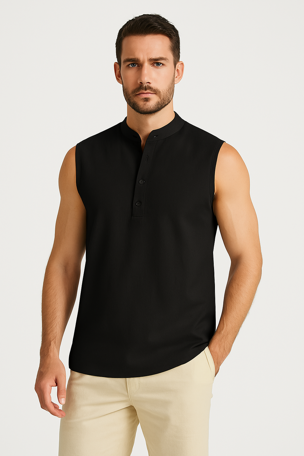 Men’s Sleeveless Vest – Cotton Blend – Relaxed Fit – Mandarin Collar – Half Button