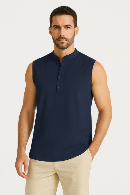 Men’s Sleeveless Vest – Cotton Blend – Relaxed Fit – Mandarin Collar – Half Button