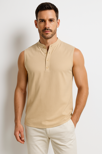 Men’s Sleeveless Vest – Cotton Blend – Relaxed Fit – Mandarin Collar – Half Button