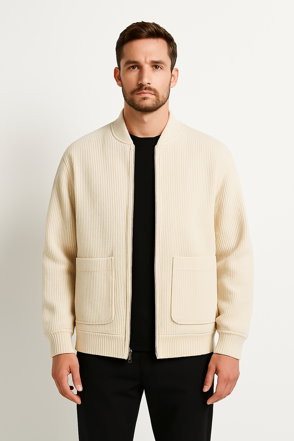 Men’s Corduroy Jacket – Relaxed Fit – V-Neck Zip Front – Ribbed Casual Outerwear