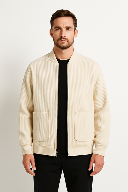 Men’s Corduroy Jacket – Relaxed Fit – V-Neck Zip Front – Ribbed Casual Outerwear