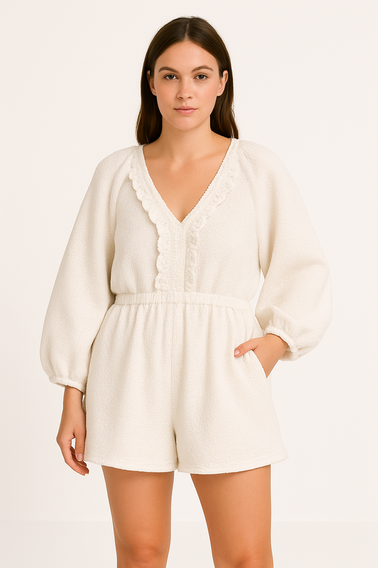 Women’s Romper – Soft Cotton Blend – V-Neck – Puff Sleeves – Ruffle Trim – Pockets