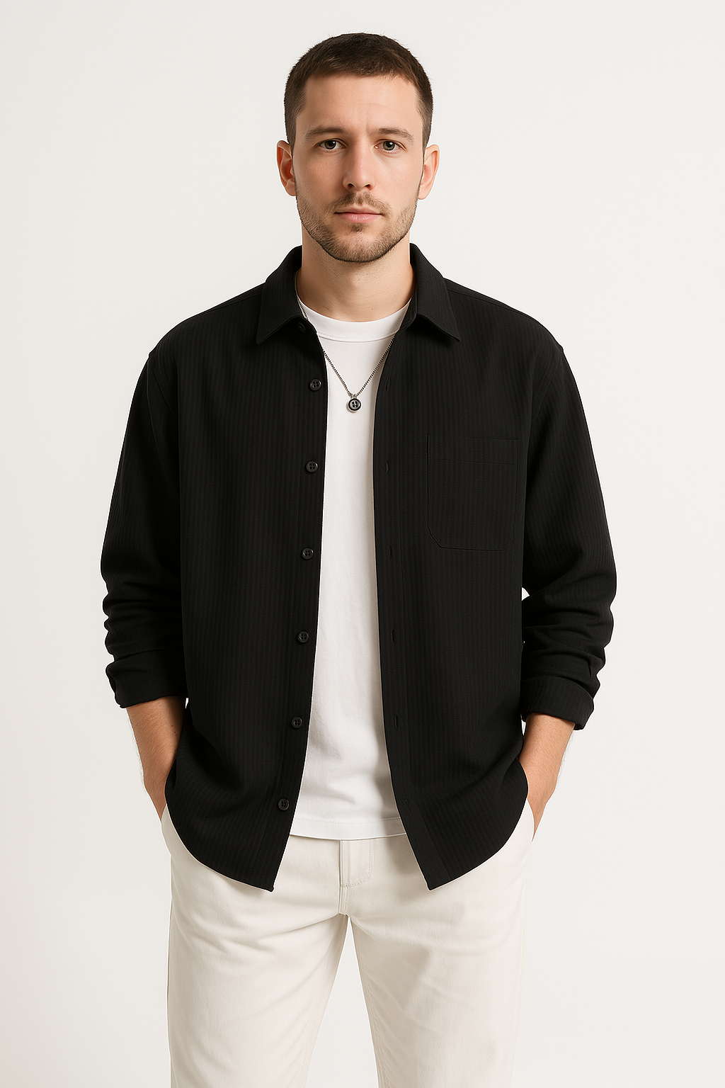 Men’s Shirt – Waffle Knit – Oversized Fit – Long Sleeve – Button-Up Casual Wear