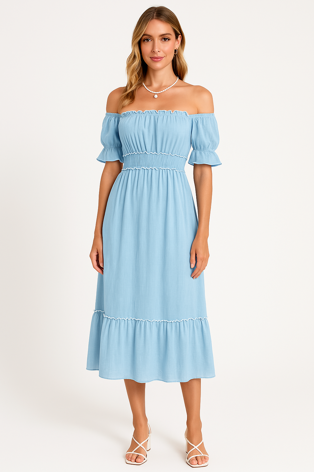 Women’s Off-Shoulder Midi Dress – Cotton Blend – Ruffle Hem – Boho Relaxed Fit