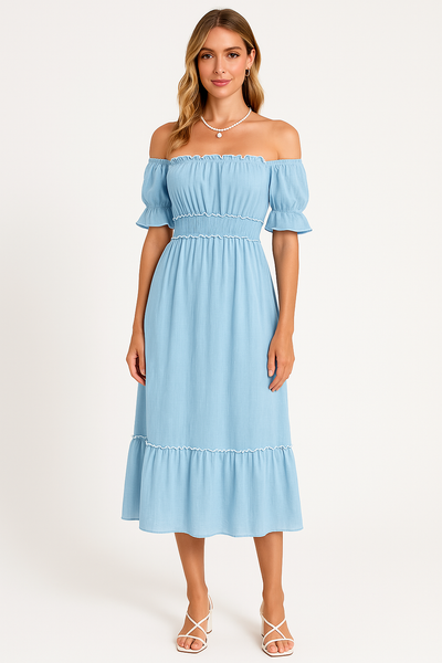 Women’s Off-Shoulder Midi Dress – Cotton Blend – Ruffle Hem – Boho Relaxed Fit