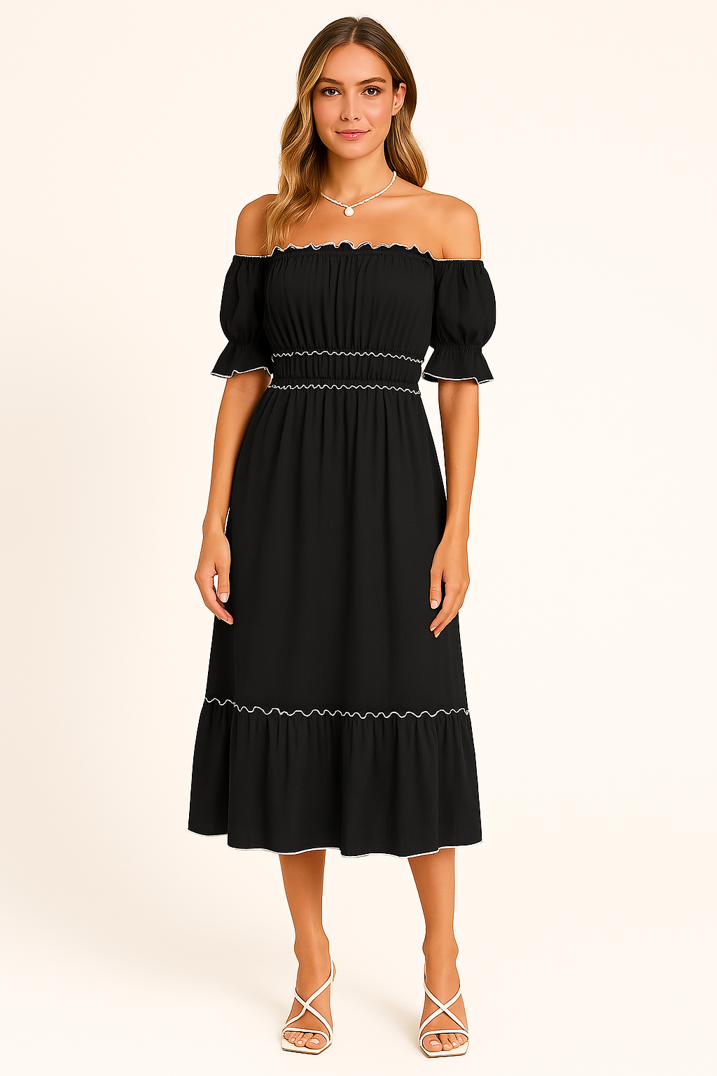 Women’s Off-Shoulder Midi Dress – Cotton Blend – Ruffle Hem – Boho Relaxed Fit