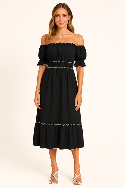 Women’s Off-Shoulder Midi Dress – Cotton Blend – Ruffle Hem – Boho Relaxed Fit