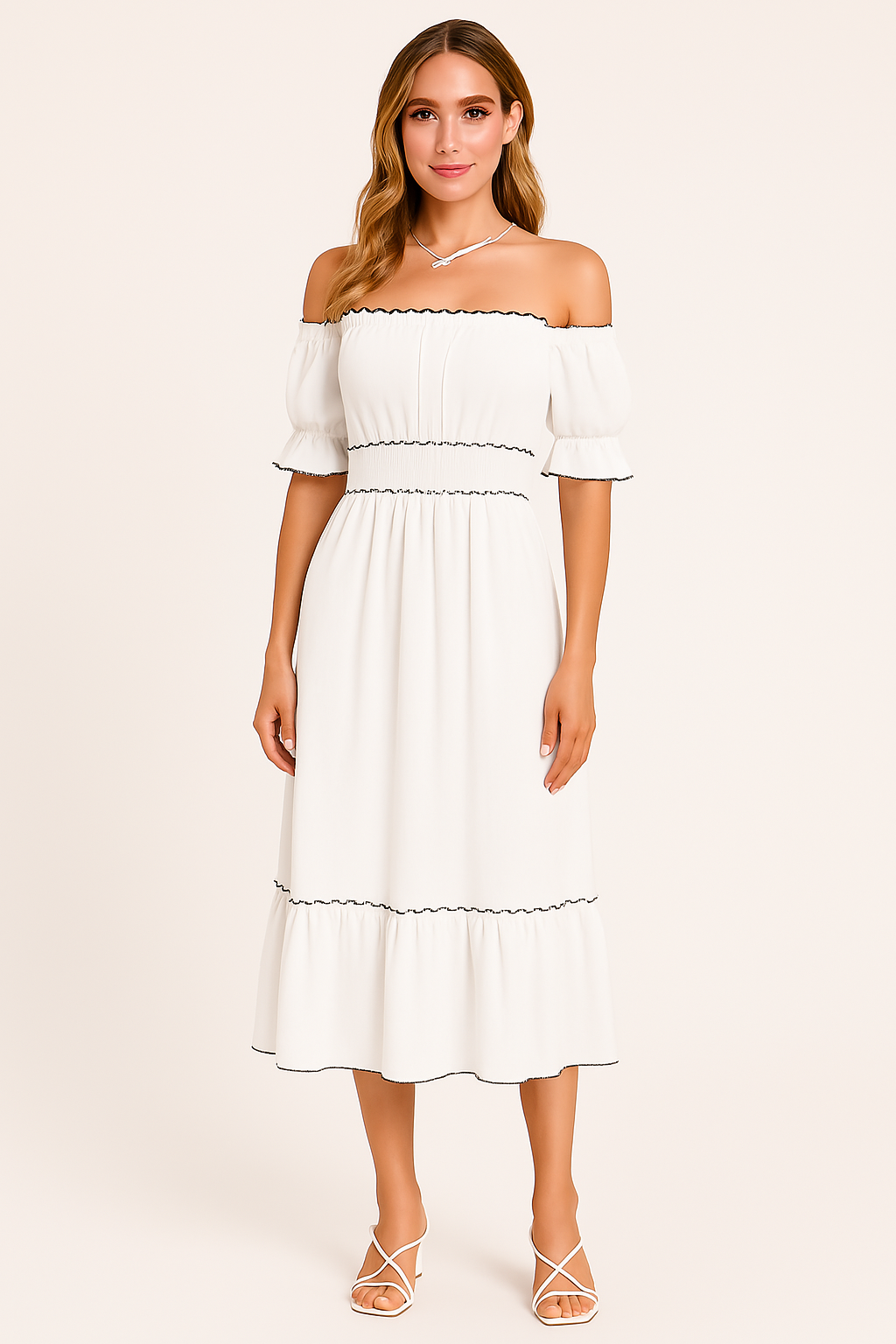 Women’s Off-Shoulder Midi Dress – Cotton Blend – Ruffle Hem – Boho Relaxed Fit