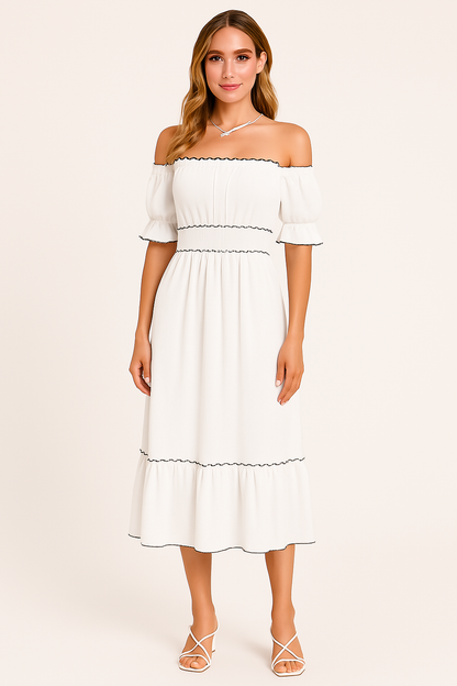 Women’s Off-Shoulder Midi Dress – Cotton Blend – Ruffle Hem – Boho Relaxed Fit