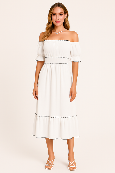 Women’s Off-Shoulder Midi Dress – Cotton Blend – Ruffle Hem – Boho Relaxed Fit