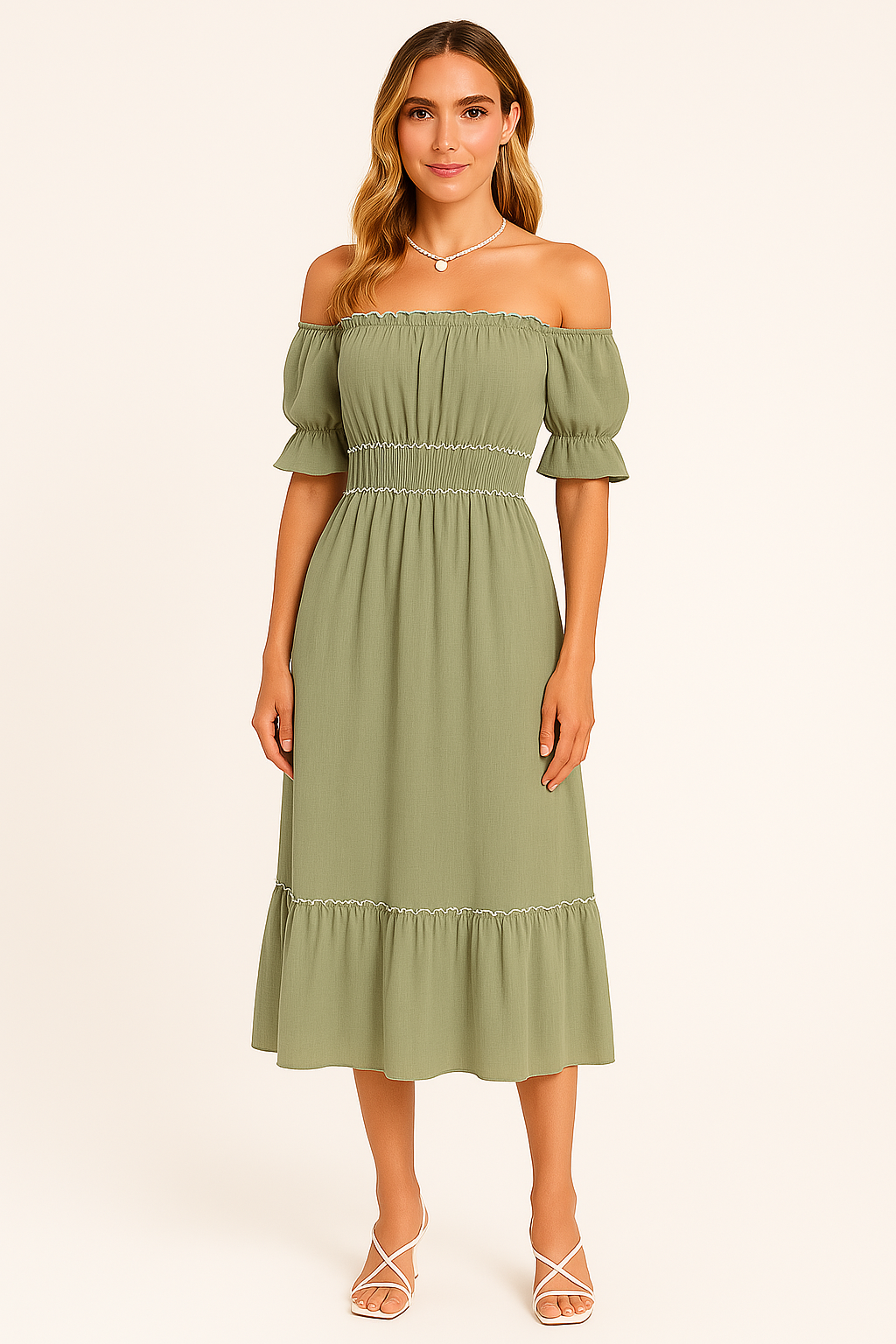 Women’s Off-Shoulder Midi Dress – Cotton Blend – Ruffle Hem – Boho Relaxed Fit