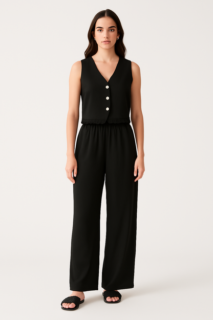 Women’s Vest and Wide-Leg Trousers Set – Tailored Fit – Lace Trim – High Waist – Breathable