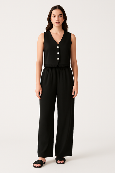 Women’s Vest and Wide-Leg Trousers Set – Tailored Fit – Lace Trim – High Waist – Breathable