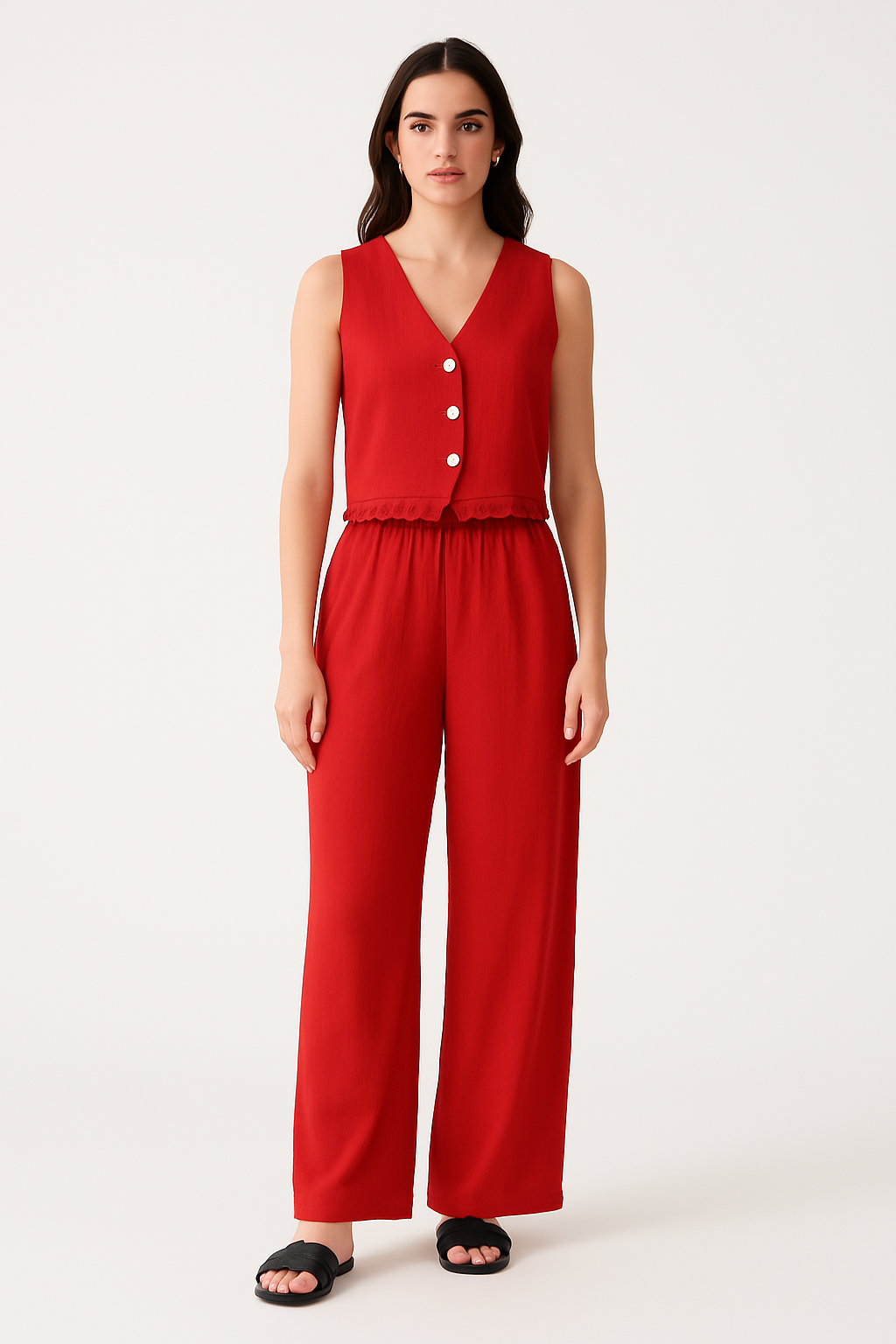 Women’s Vest and Wide-Leg Trousers Set – Tailored Fit – Lace Trim – High Waist – Breathable