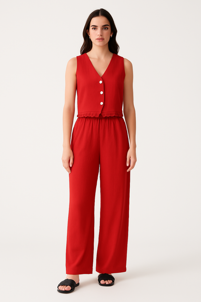 Women’s Vest and Wide-Leg Trousers Set – Tailored Fit – Lace Trim – High Waist – Breathable