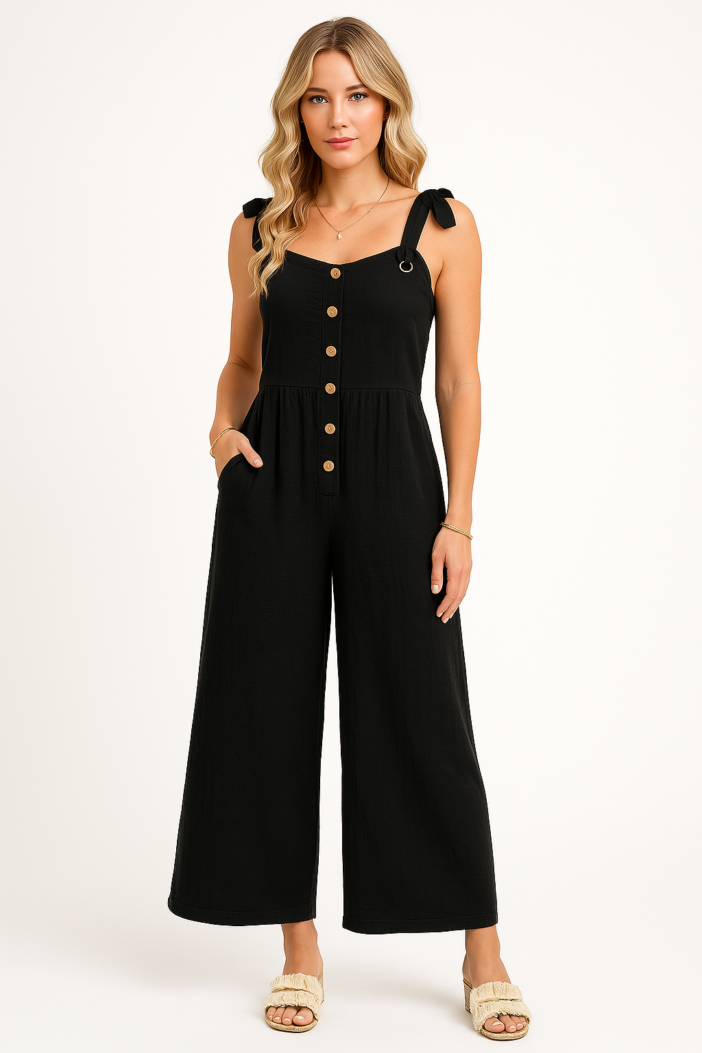 Women’s Jumpsuit – Cotton Blend – Relaxed Fit – Wide Leg – Button Front – Tie Straps
